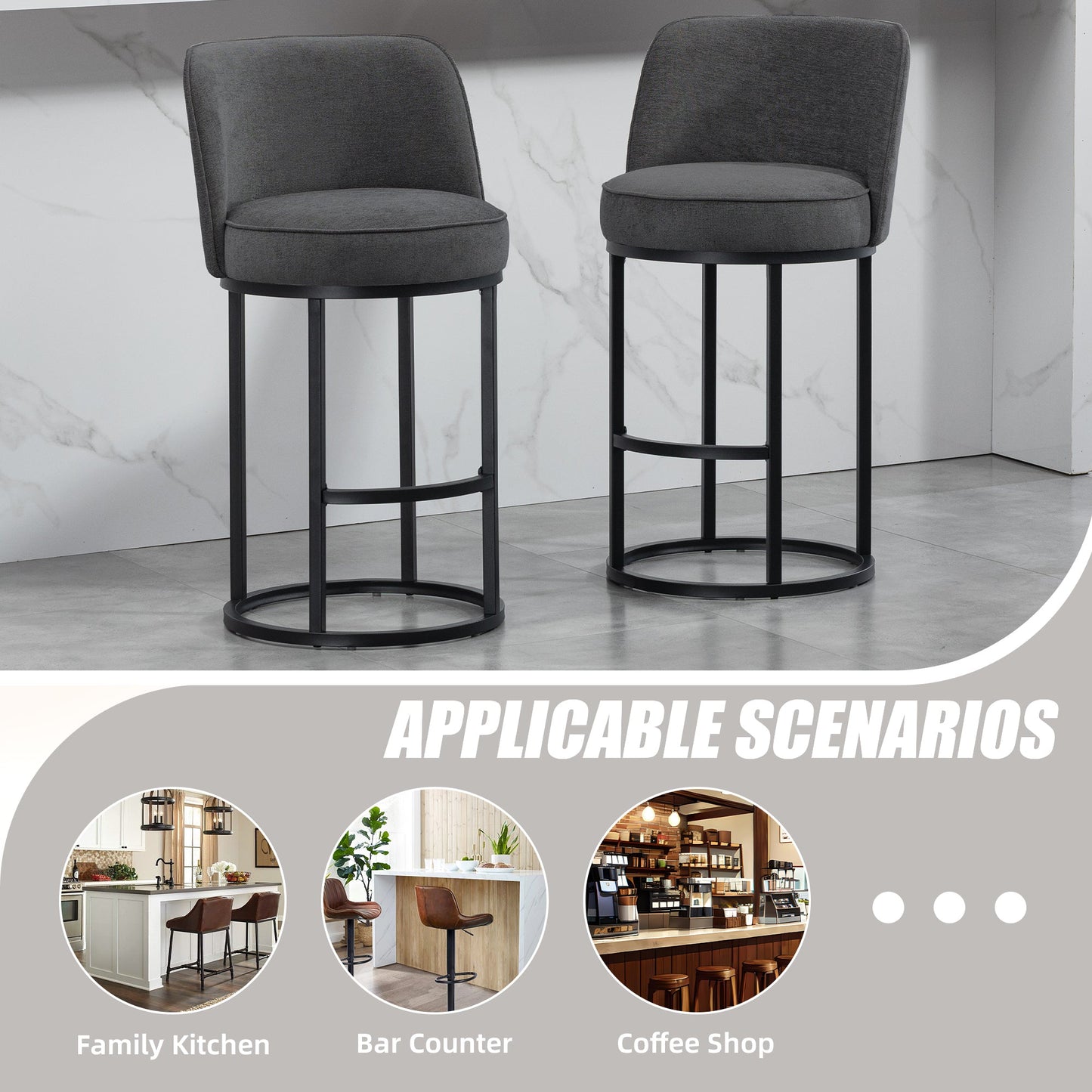 Counter Height Bar Stools Set of 2, Modern Barrel Counter Stools with Backrest, Linen Fabric Upholstered Accent Bar Stools for Kitchen Island - 1st Choice Furniture Direct