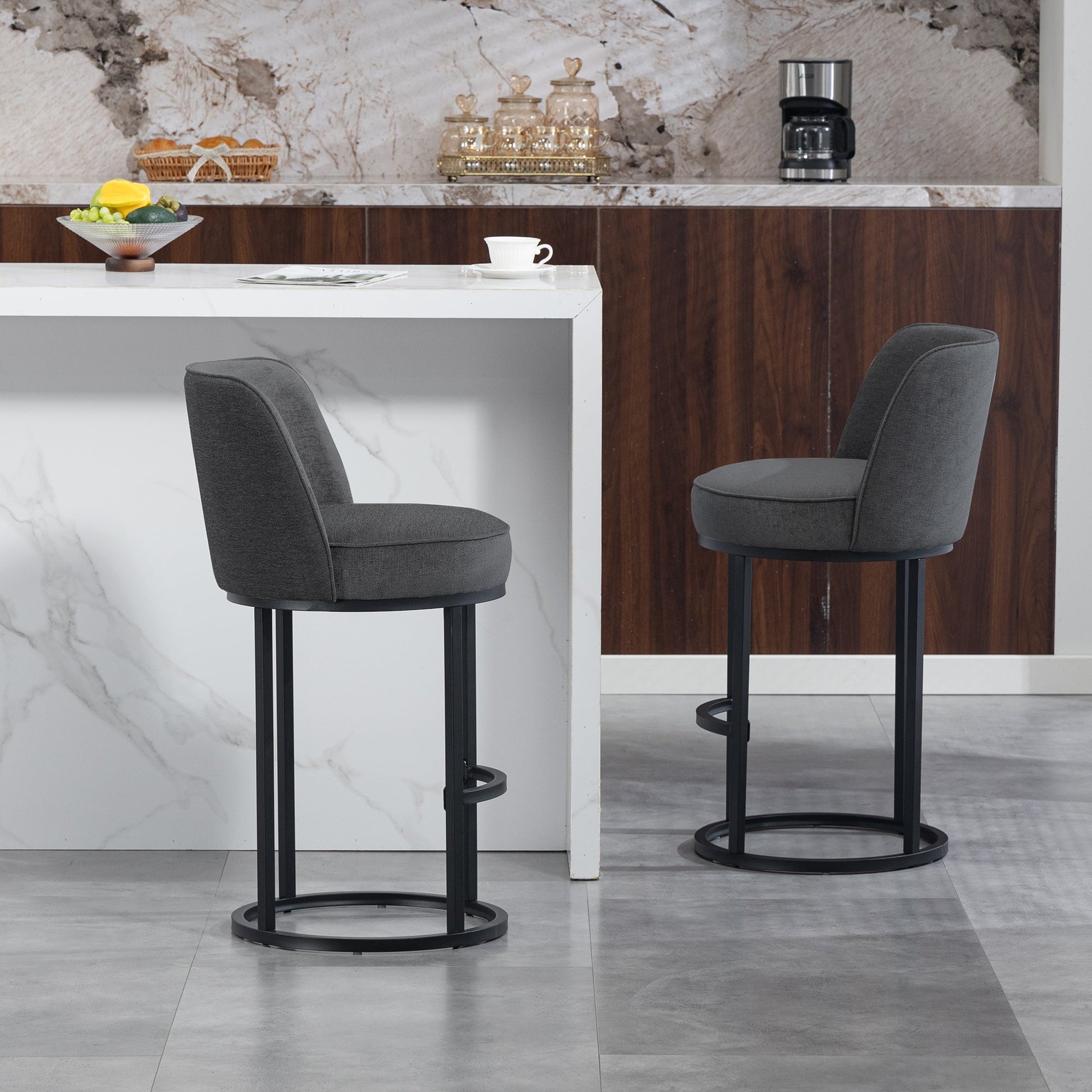 Counter Height Bar Stools Set of 2, Modern Barrel Counter Stools with Backrest, Linen Fabric Upholstered Accent Bar Stools for Kitchen Island - 1st Choice Furniture Direct