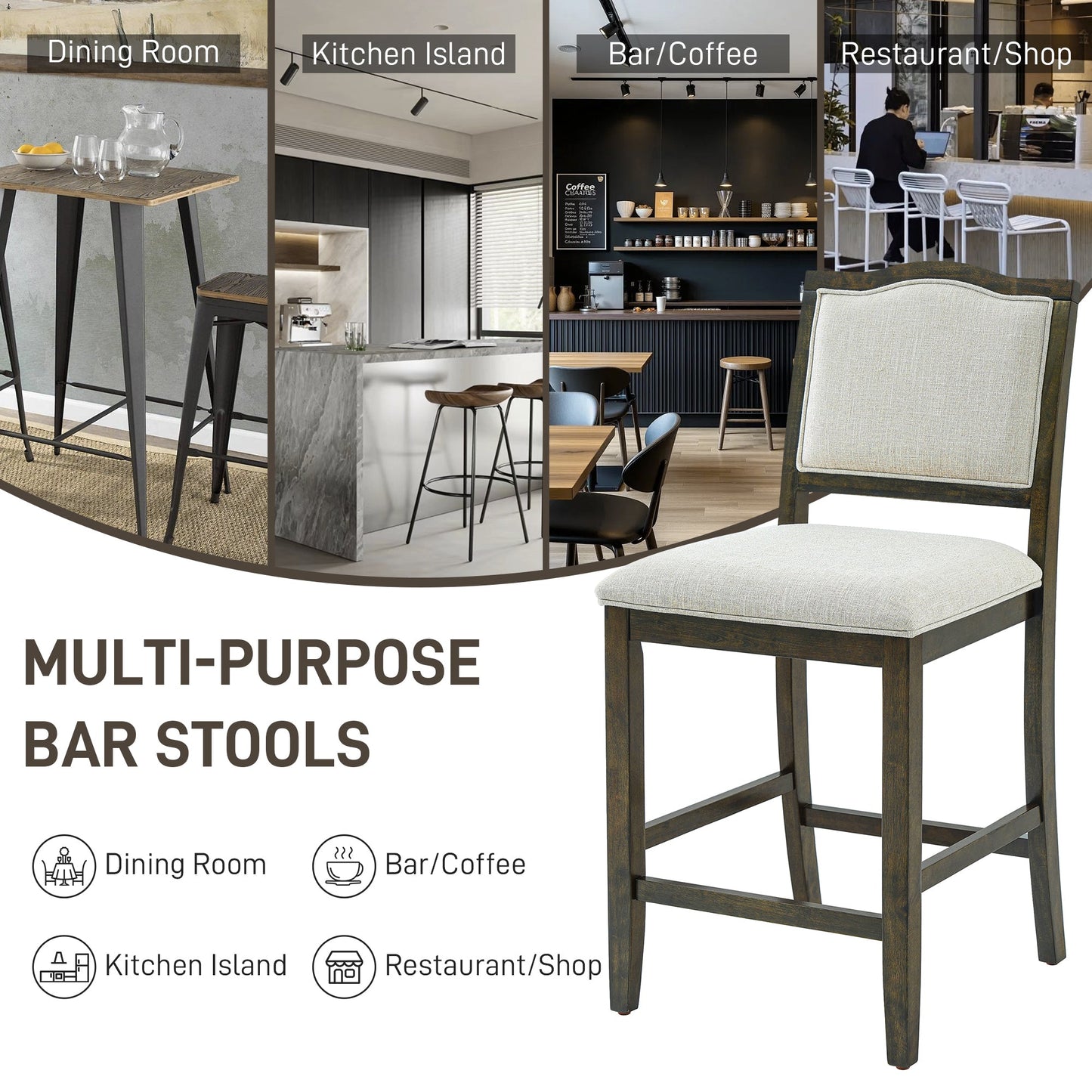 Counter Height Bar Stools Set of 2 - Rustic 2 Pack Bar Stools with Rubber Wood Frame, Ergonomic Backrest, Versatile for Kitchen Island, Dining Room, Brown - 1st Choice Furniture Direct