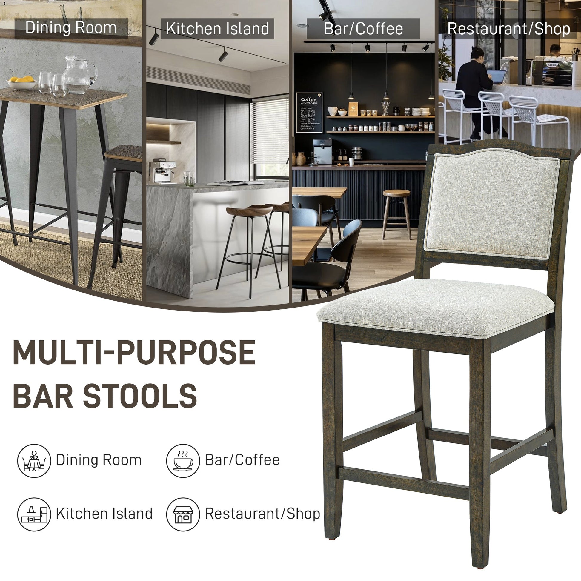 Counter Height Bar Stools Set of 2 - Rustic 2 Pack Bar Stools with Rubber Wood Frame, Ergonomic Backrest, Versatile for Kitchen Island, Dining Room, Brown - 1st Choice Furniture Direct