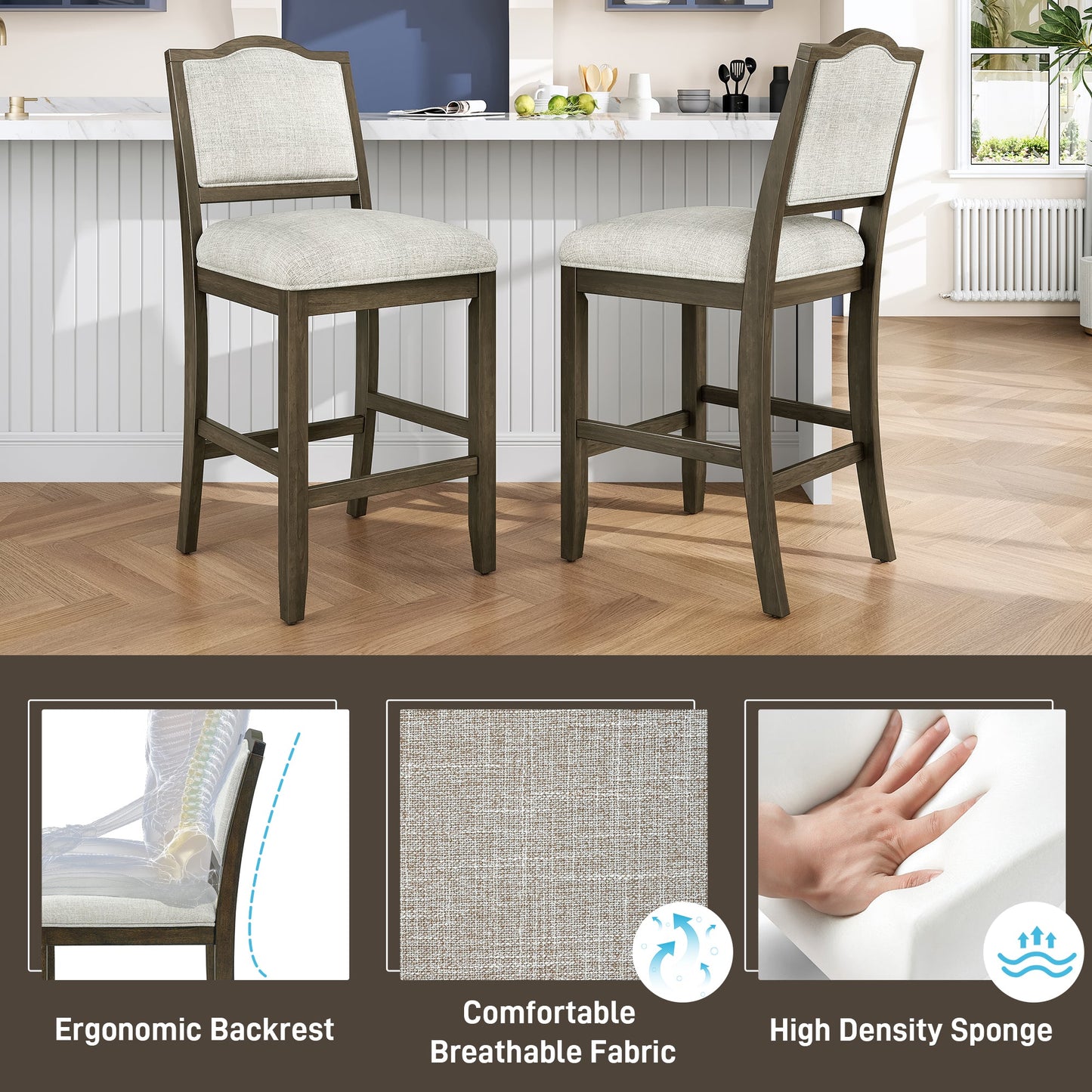 Counter Height Bar Stools Set of 2 - Rustic 2 Pack Bar Stools with Rubber Wood Frame, Ergonomic Backrest, Versatile for Kitchen Island, Dining Room, Brown - 1st Choice Furniture Direct