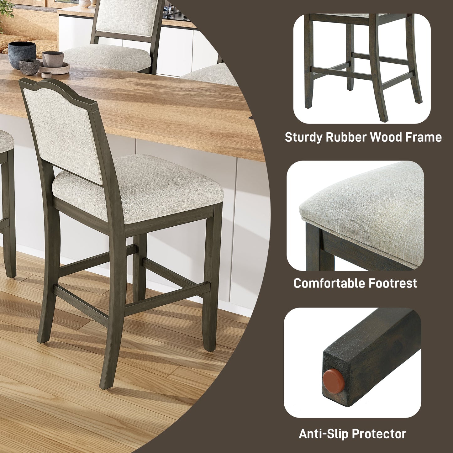 Counter Height Bar Stools Set of 2 - Rustic 2 Pack Bar Stools with Rubber Wood Frame, Ergonomic Backrest, Versatile for Kitchen Island, Dining Room, Brown - 1st Choice Furniture Direct