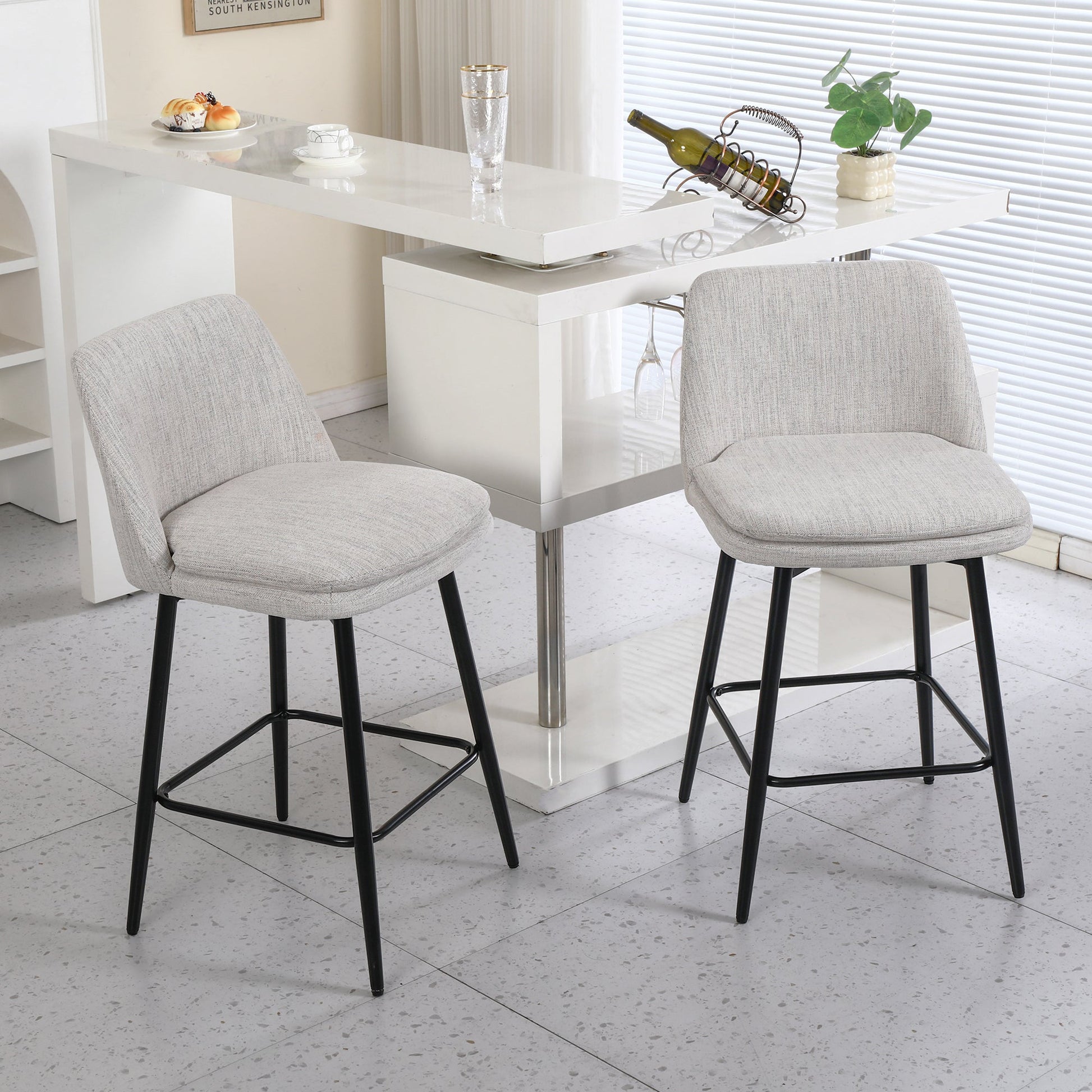 Counter Height Swivel Bar Stools Set of 2, 360° Swivel Upholstered Barstools with Back and Metal Legs, 25.6' Seat Height,Counter Stools for Kitchen Island and Pub,Linen Cloth,Off White Linen. - 1st Choice Furniture Direct
