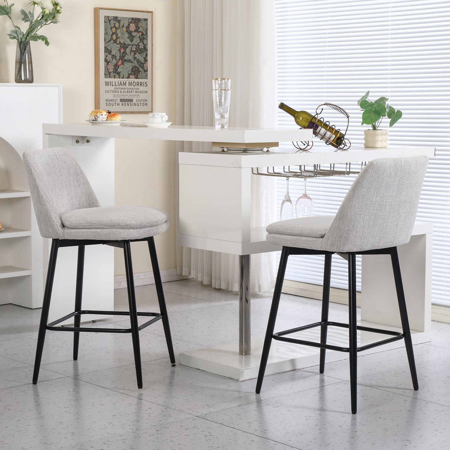 Counter Height Swivel Bar Stools Set of 2, 360° Swivel Upholstered Barstools with Back and Metal Legs, 25.6' Seat Height,Counter Stools for Kitchen Island and Pub,Linen Cloth,Off White Linen. - 1st Choice Furniture Direct