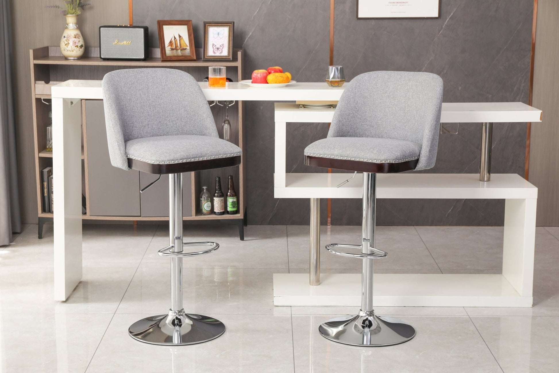 Counter Height Swivel Bar Stools Set of 2, 360° Swivel Upholstered Barstools with Back and Metal Legs, 25.6' Seat Height,Counter Stools for Kitchen Island and Pub,Linen Cloth,Grey - 1st Choice Furniture Direct