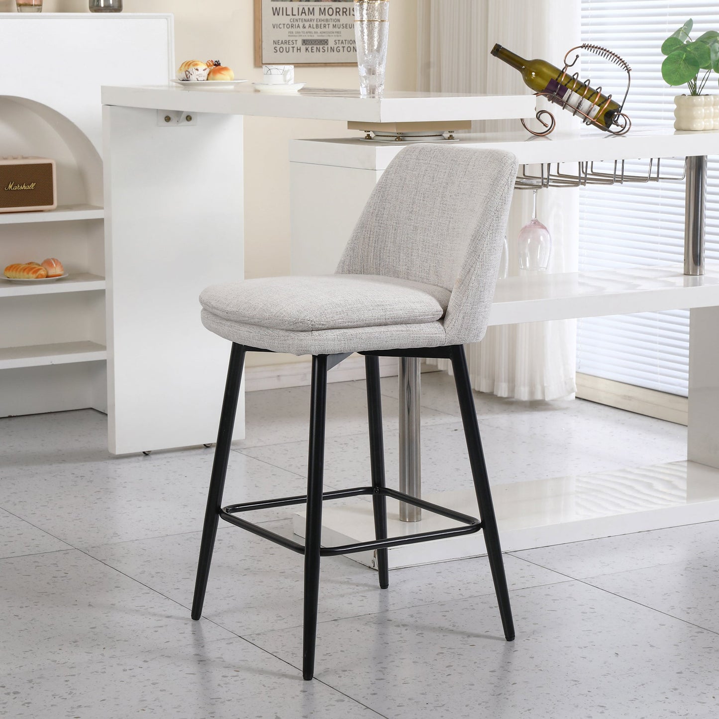 Counter Height Swivel Bar Stools Set of 2, 360° Swivel Upholstered Barstools with Back and Metal Legs, 25.6' Seat Height,Counter Stools for Kitchen Island and Pub,Linen Cloth,Off White Linen. - 1st Choice Furniture Direct