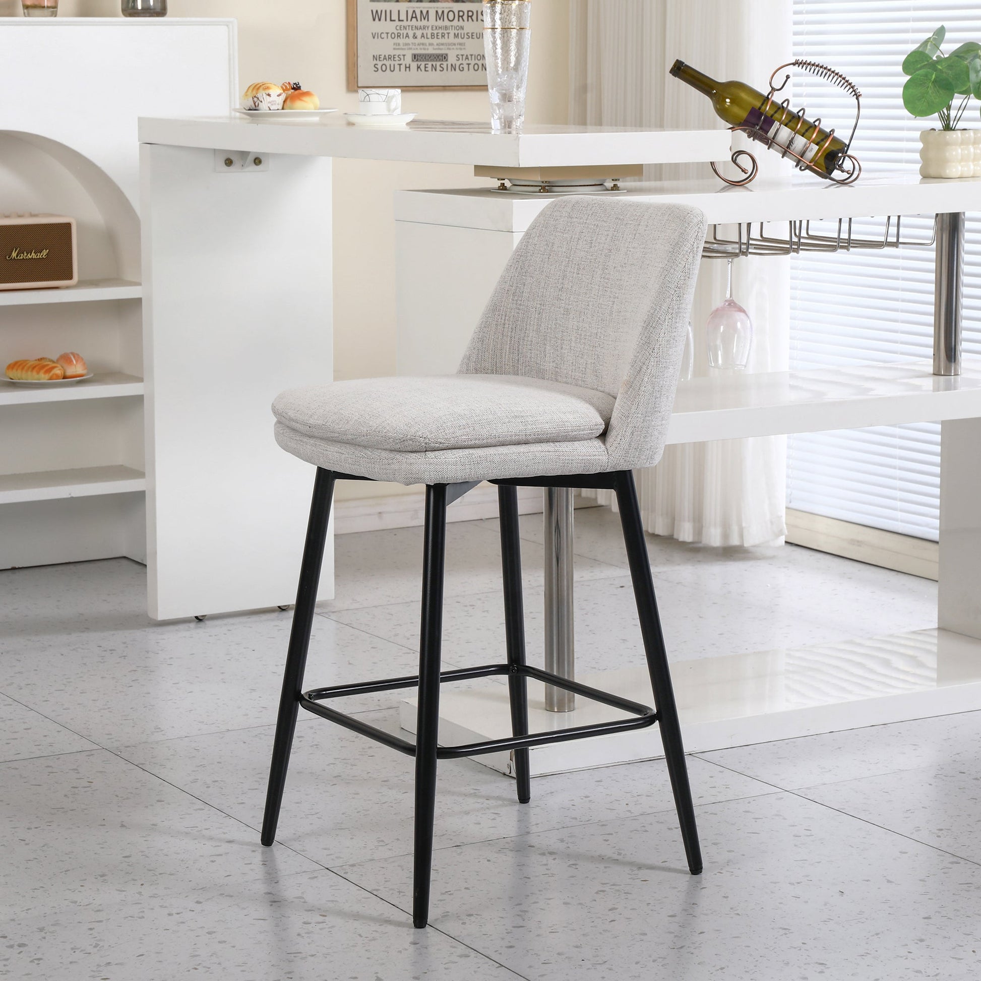 Counter Height Swivel Bar Stools Set of 2, 360° Swivel Upholstered Barstools with Back and Metal Legs, 25.6' Seat Height,Counter Stools for Kitchen Island and Pub,Linen Cloth,Off White Linen. - 1st Choice Furniture Direct