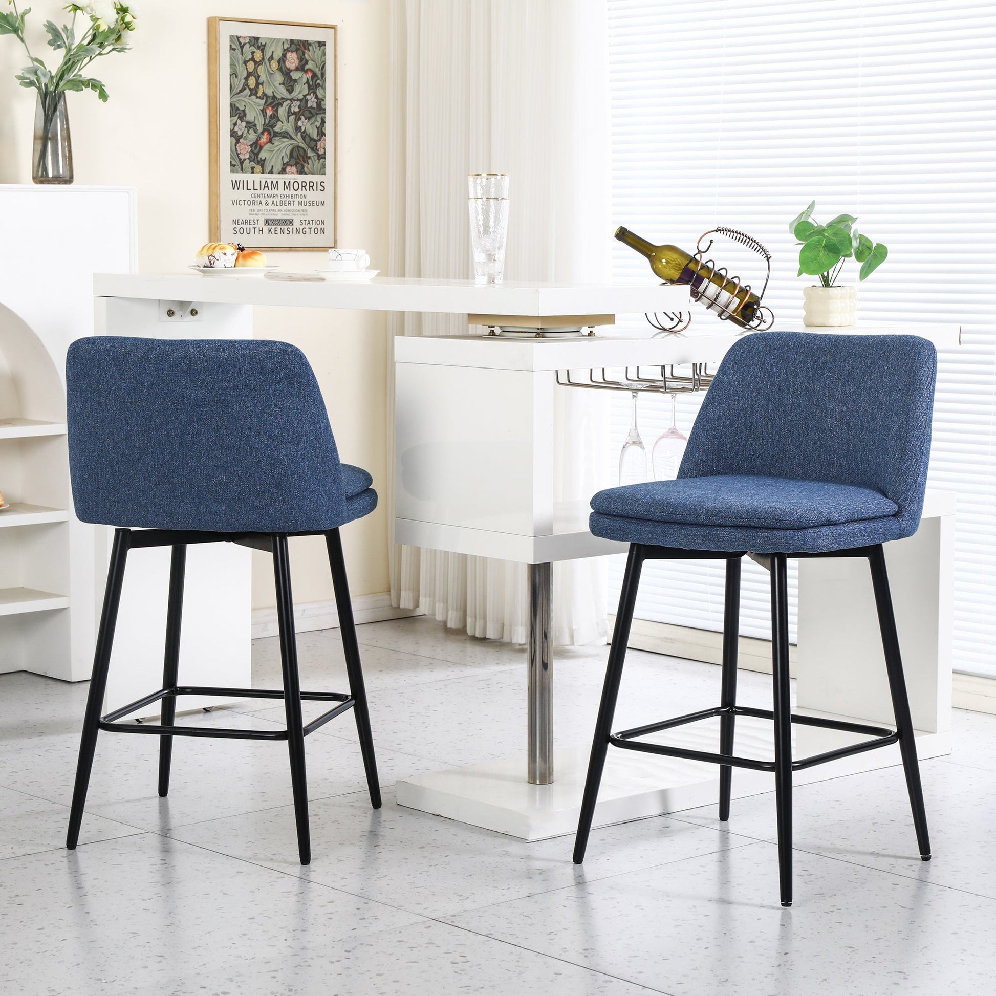 Counter Height Swivel Bar Stools Set of 2, 360° Swivel Upholstered Barstools with Back and Metal Legs, 25.6' Seat Height,Counter Stools for Kitchen Island and Pub,Linen Cloth,Blue Linen - 1st Choice Furniture Direct