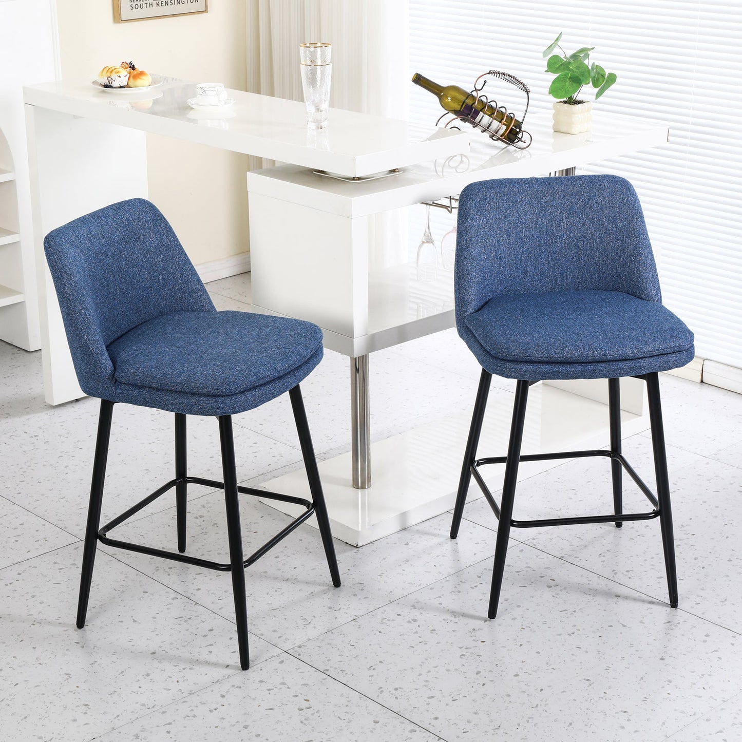 Counter Height Swivel Bar Stools Set of 2, 360° Swivel Upholstered Barstools with Back and Metal Legs, 25.6' Seat Height,Counter Stools for Kitchen Island and Pub,Linen Cloth,Blue Linen - 1st Choice Furniture Direct