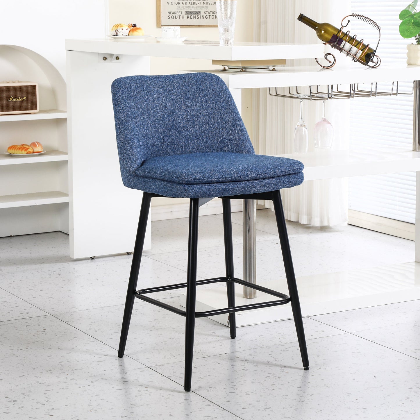 Counter Height Swivel Bar Stools Set of 2, 360° Swivel Upholstered Barstools with Back and Metal Legs, 25.6' Seat Height,Counter Stools for Kitchen Island and Pub,Linen Cloth,Blue Linen - 1st Choice Furniture Direct