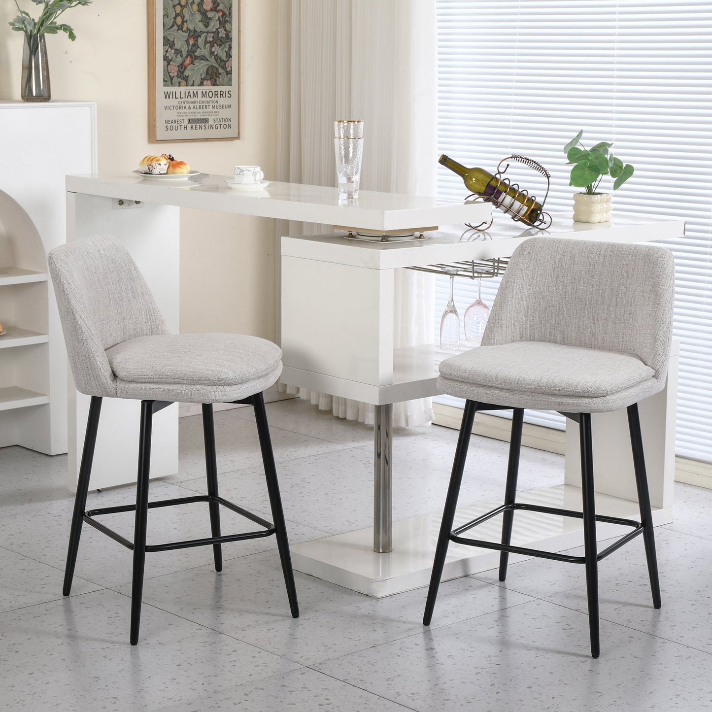 Counter Height Swivel Bar Stools Set of 2, 360° Swivel Upholstered Barstools with Back and Metal Legs, 25.6' Seat Height,Counter Stools for Kitchen Island and Pub,Linen Cloth,Off White Linen. - 1st Choice Furniture Direct