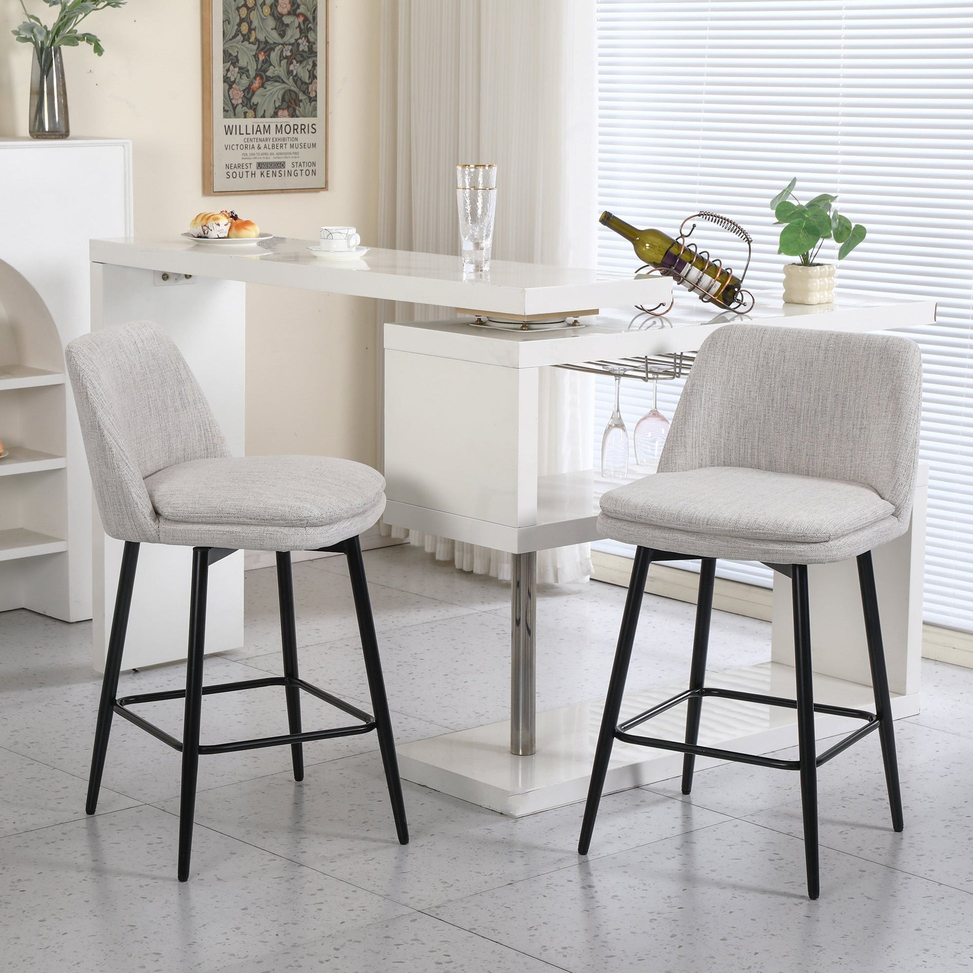 Counter Height Swivel Bar Stools Set of 2, 360° Swivel Upholstered Barstools with Back and Metal Legs, 25.6' Seat Height,Counter Stools for Kitchen Island and Pub,Linen Cloth,Off White Linen. - 1st Choice Furniture Direct