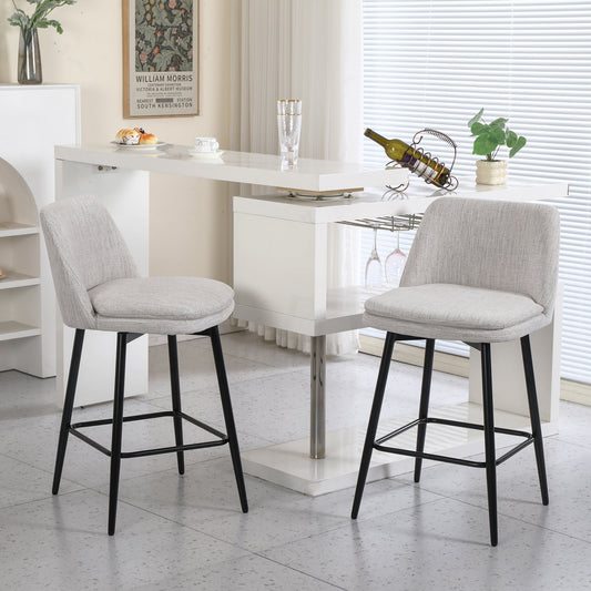Counter Height Swivel Bar Stools Set of 2, 360° Swivel Upholstered Barstools with Back and Metal Legs, 25.6' Seat Height,Counter Stools for Kitchen Island and Pub,Linen Cloth,Off White Linen. - 1st Choice Furniture Direct