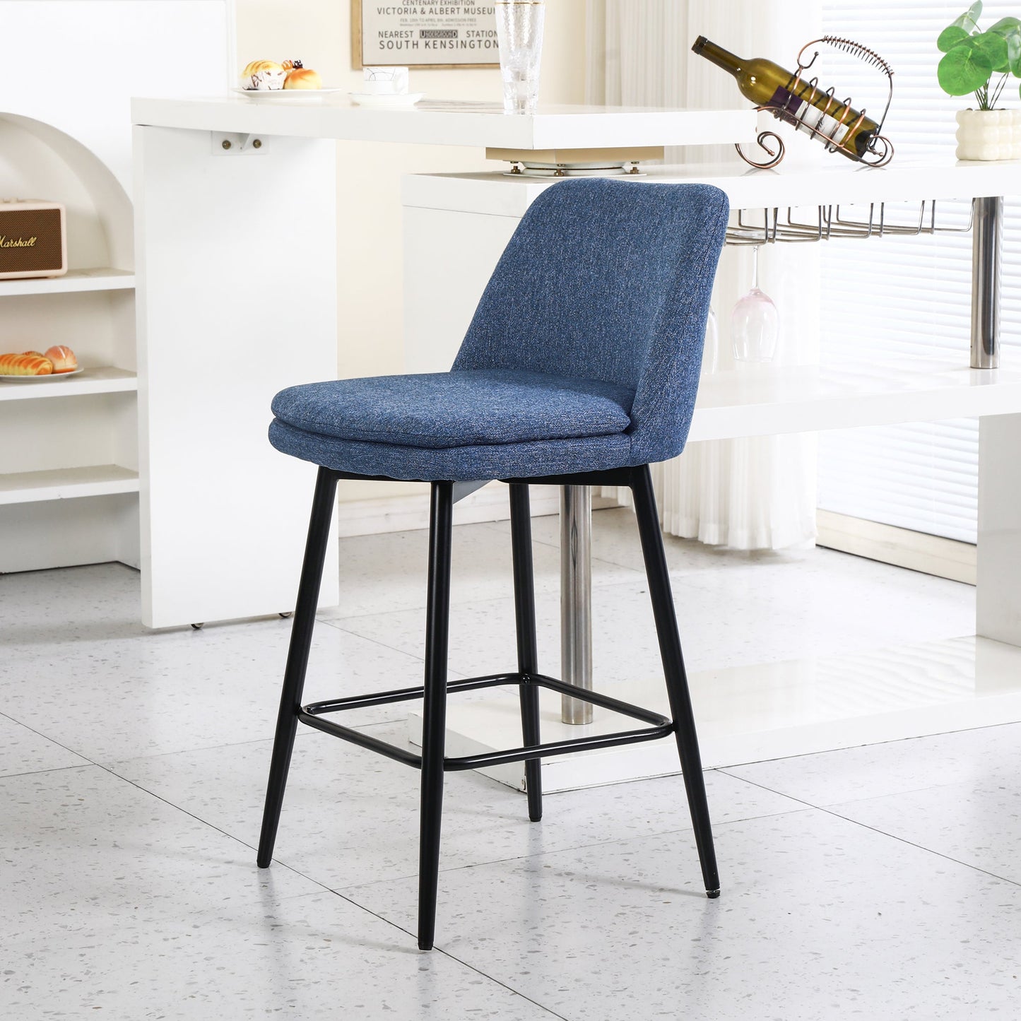 Counter Height Swivel Bar Stools Set of 2, 360° Swivel Upholstered Barstools with Back and Metal Legs, 25.6' Seat Height,Counter Stools for Kitchen Island and Pub,Linen Cloth,Blue Linen - 1st Choice Furniture Direct