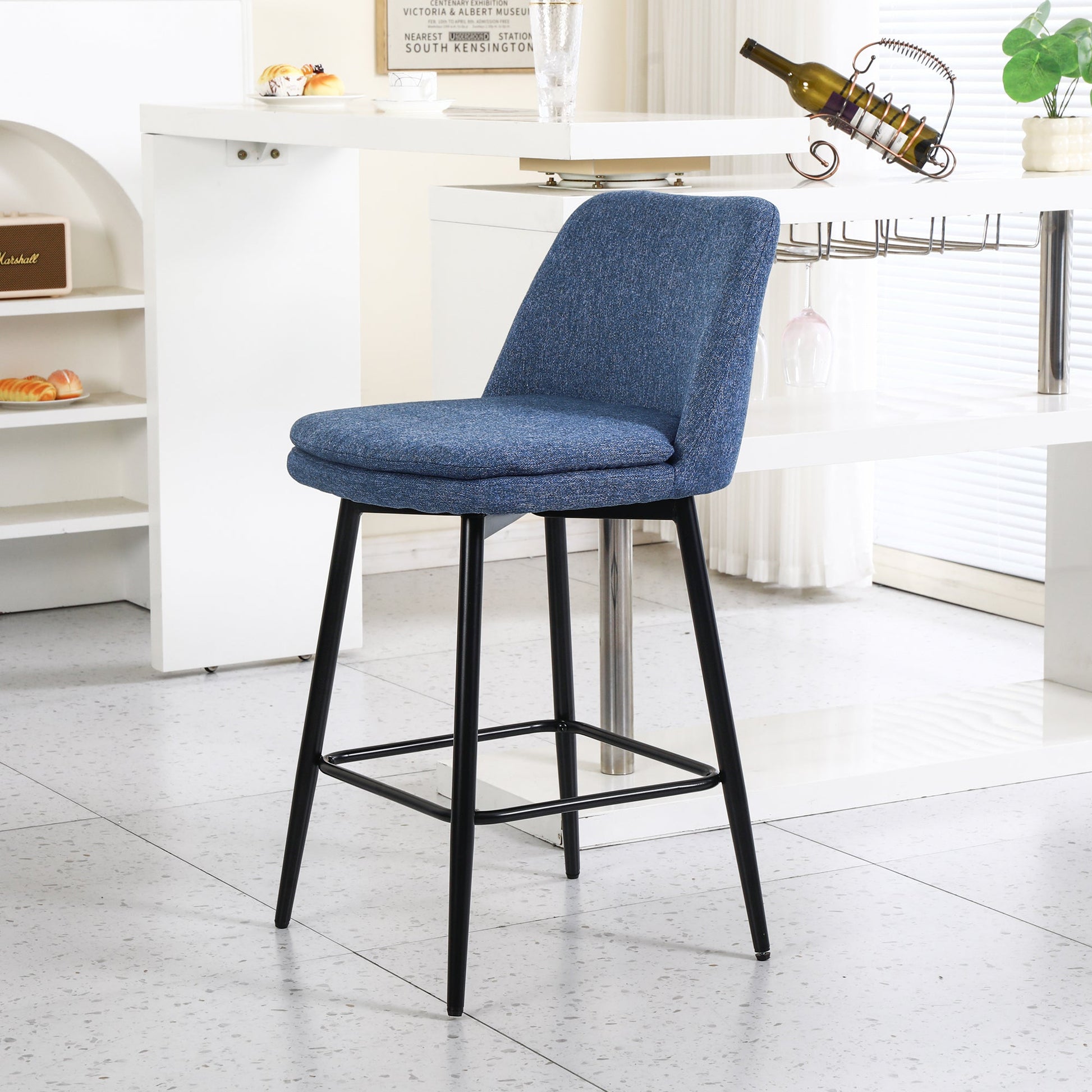 Counter Height Swivel Bar Stools Set of 2, 360° Swivel Upholstered Barstools with Back and Metal Legs, 25.6' Seat Height,Counter Stools for Kitchen Island and Pub,Linen Cloth,Blue Linen - 1st Choice Furniture Direct