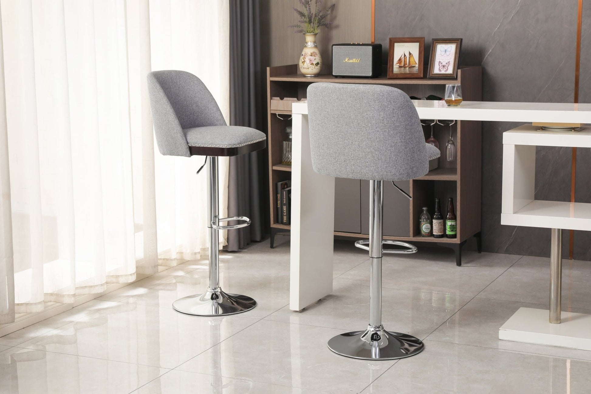Counter Height Swivel Bar Stools Set of 2, 360° Swivel Upholstered Barstools with Back and Metal Legs, 25.6' Seat Height,Counter Stools for Kitchen Island and Pub,Linen Cloth,Grey - 1st Choice Furniture Direct