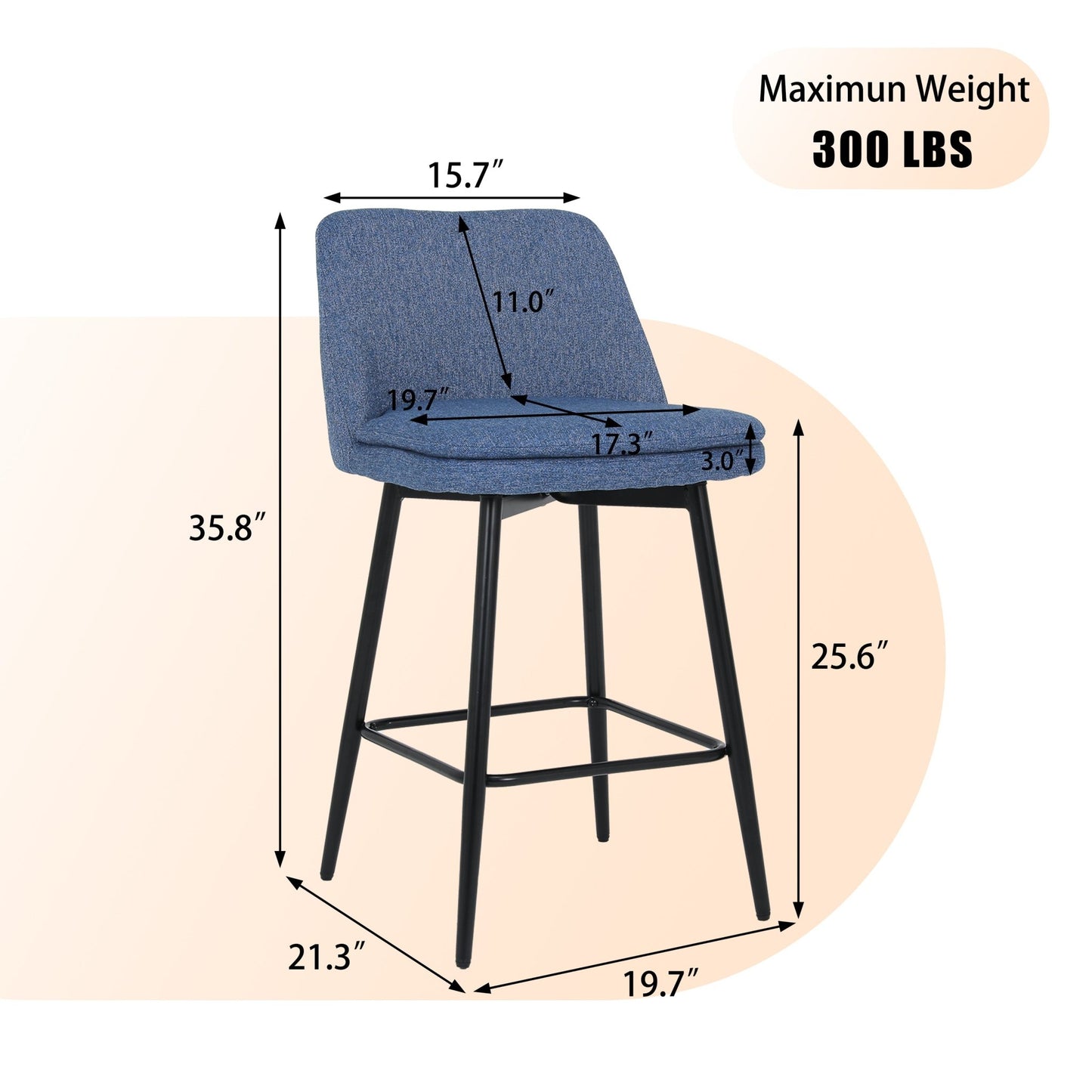 Counter Height Swivel Bar Stools Set of 2, 360° Swivel Upholstered Barstools with Back and Metal Legs, 25.6' Seat Height,Counter Stools for Kitchen Island and Pub,Linen Cloth,Blue Linen - 1st Choice Furniture Direct