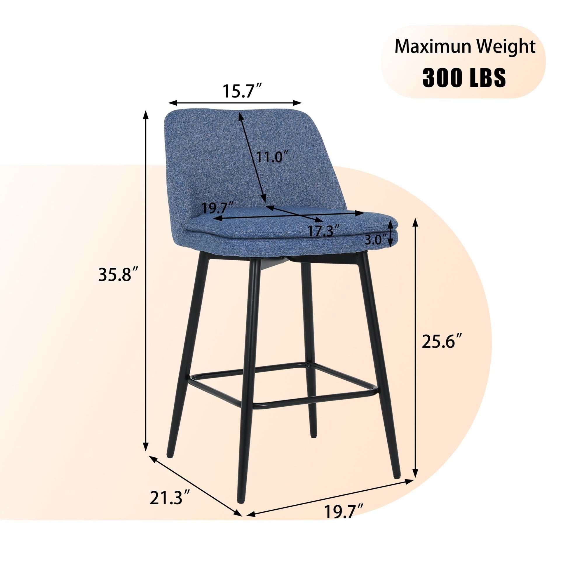 Counter Height Swivel Bar Stools Set of 2, 360° Swivel Upholstered Barstools with Back and Metal Legs, 25.6' Seat Height,Counter Stools for Kitchen Island and Pub,Linen Cloth,Blue Linen - 1st Choice Furniture Direct