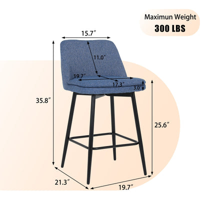 Counter Height Swivel Bar Stools Set of 2, 360° Swivel Upholstered Barstools with Back and Metal Legs, 25.6' Seat Height,Counter Stools for Kitchen Island and Pub,Linen Cloth,Blue Linen - 1st Choice Furniture Direct