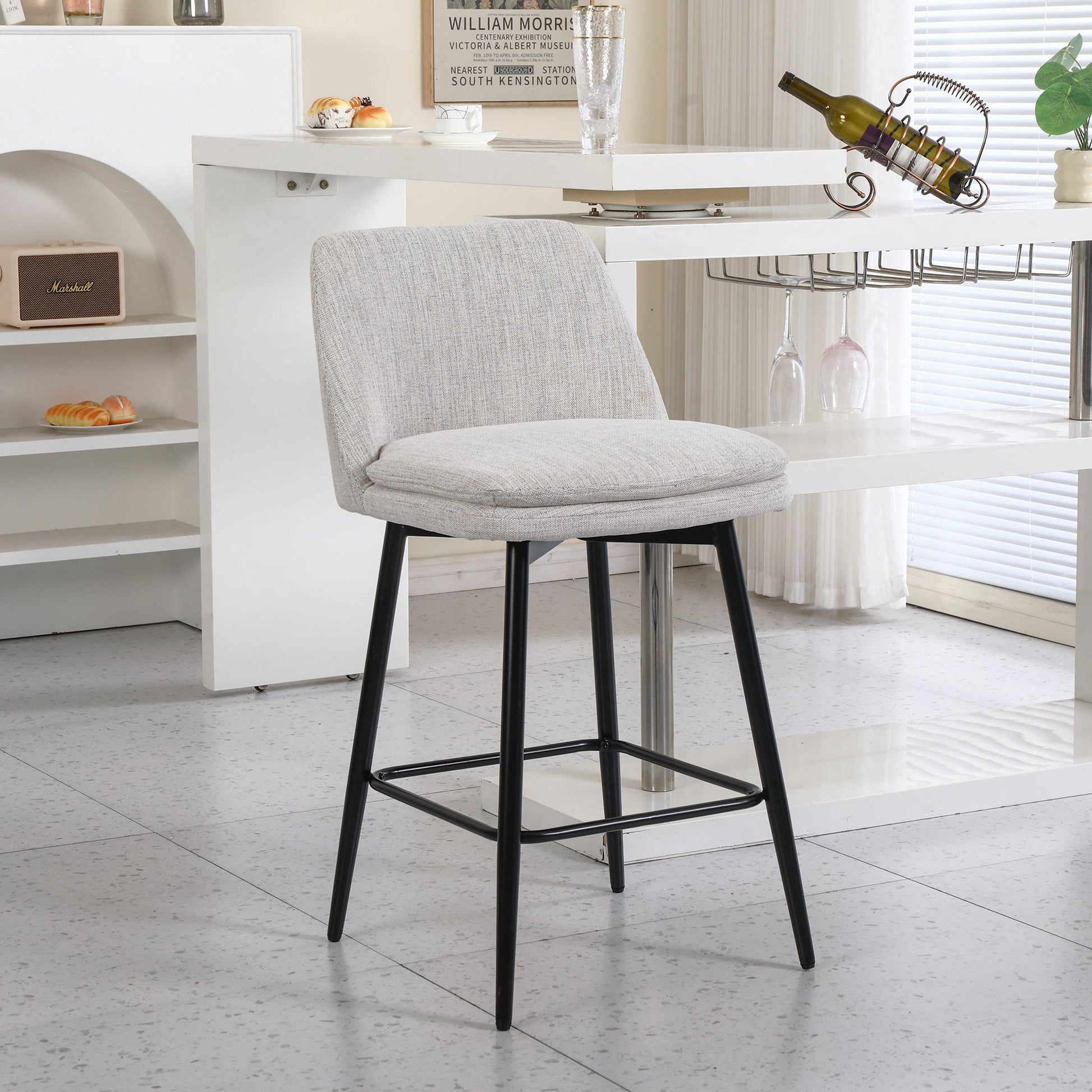 Counter Height Swivel Bar Stools Set of 2, 360° Swivel Upholstered Barstools with Back and Metal Legs, 25.6' Seat Height,Counter Stools for Kitchen Island and Pub,Linen Cloth,Off White Linen. - 1st Choice Furniture Direct
