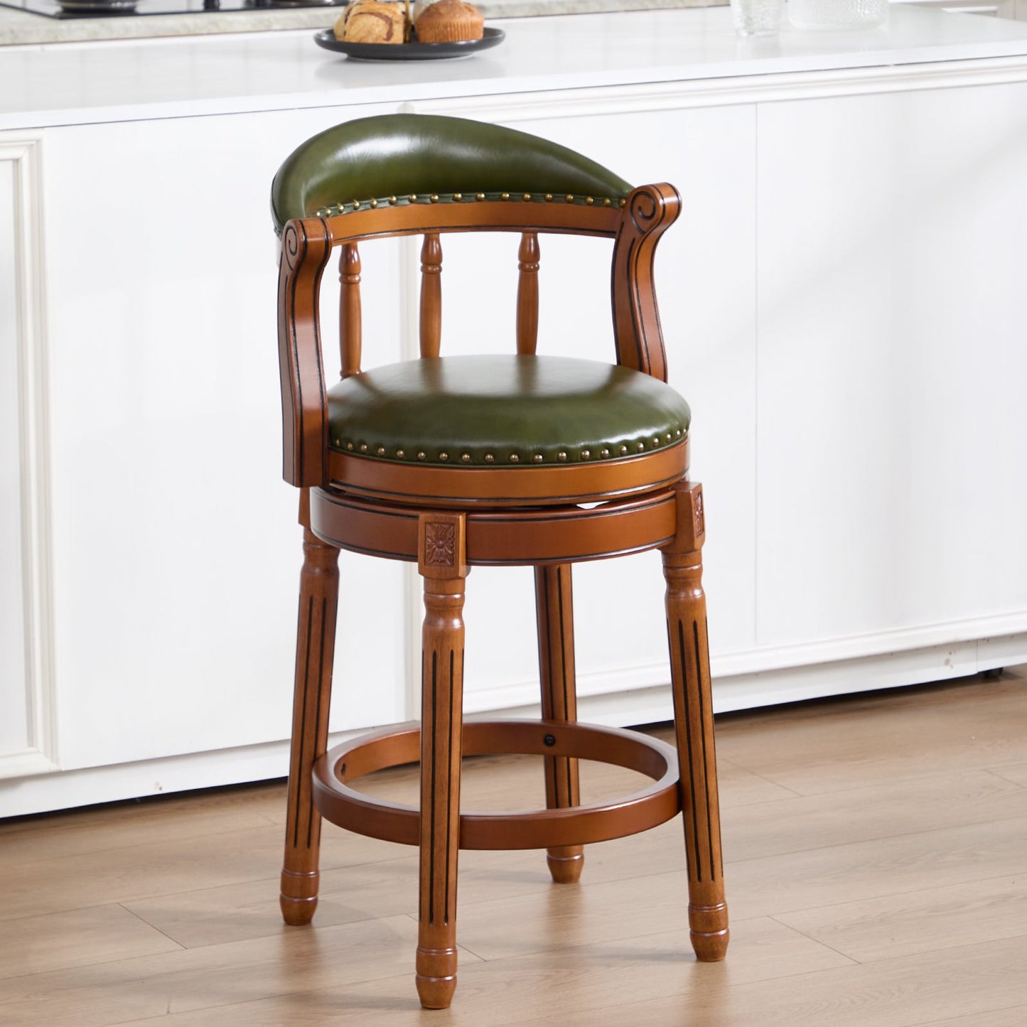 Cow top Leather Wooden Bar Stools, 360 Degree Swivel Bar Chair with Backs,Bar height Couner Height Barstools for Home Kitchen Dining Room and Bar Room(green 1pc) - 1st Choice Furniture Direct