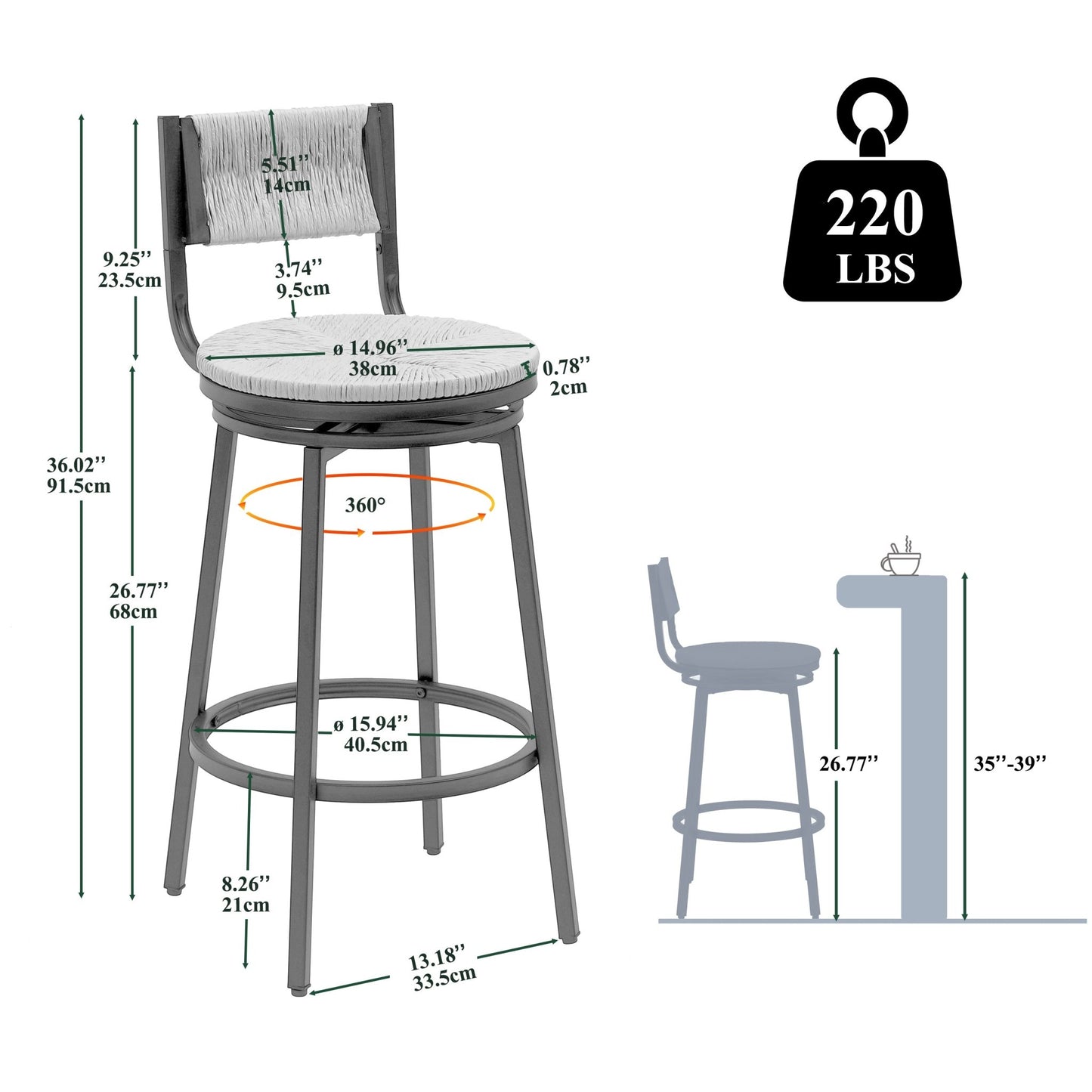 Creamy White Bar Stools Swivel Counter Chairs with Metal Frame Set of 2 Hand Woven Paper Rope Dining Barstools for Kitchen Counter (Creamy White) - 1st Choice Furniture Direct