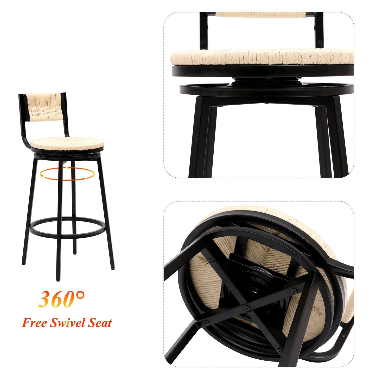 Creamy White Bar Stools Swivel Counter Chairs with Metal Frame Set of 2 Hand Woven Paper Rope Dining Barstools for Kitchen Counter (Creamy White) - 1st Choice Furniture Direct