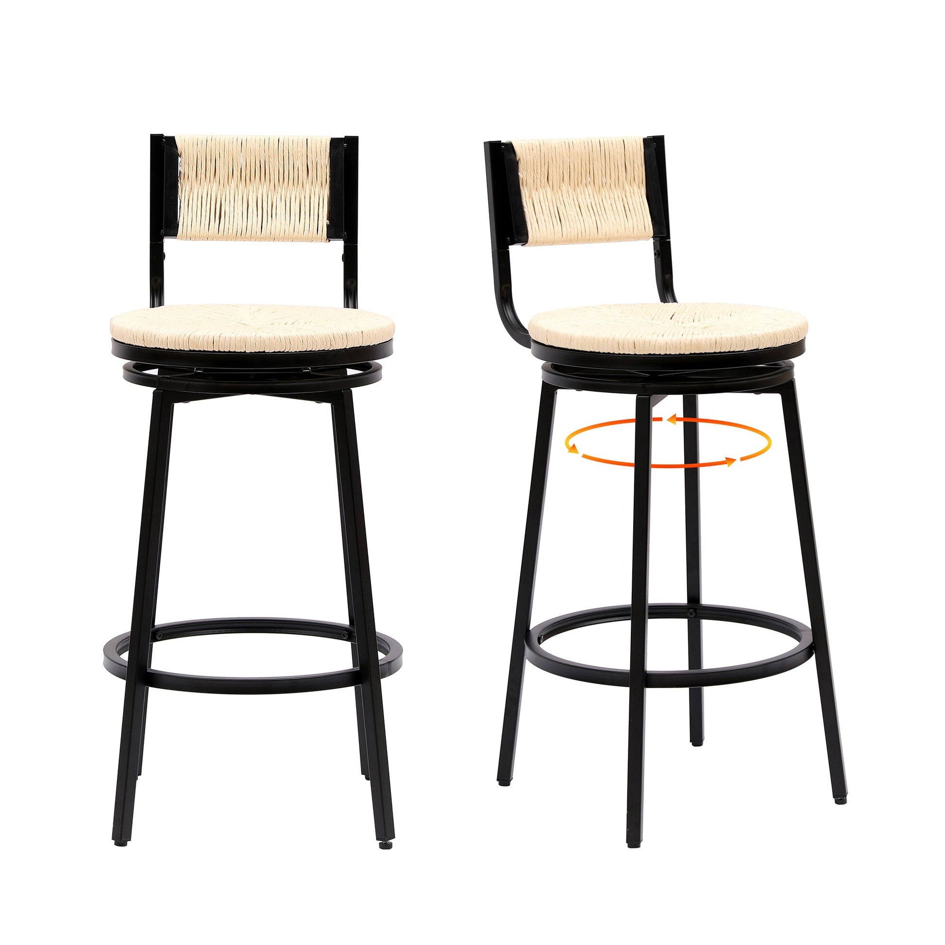 Creamy White Bar Stools Swivel Counter Chairs with Metal Frame Set of 2 Hand Woven Paper Rope Dining Barstools for Kitchen Counter (Creamy White) - 1st Choice Furniture Direct