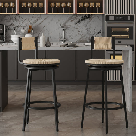 Creamy White Bar Stools Swivel Counter Chairs with Metal Frame Set of 2 Hand Woven Paper Rope Dining Barstools for Kitchen Counter (Creamy White) - 1st Choice Furniture Direct
