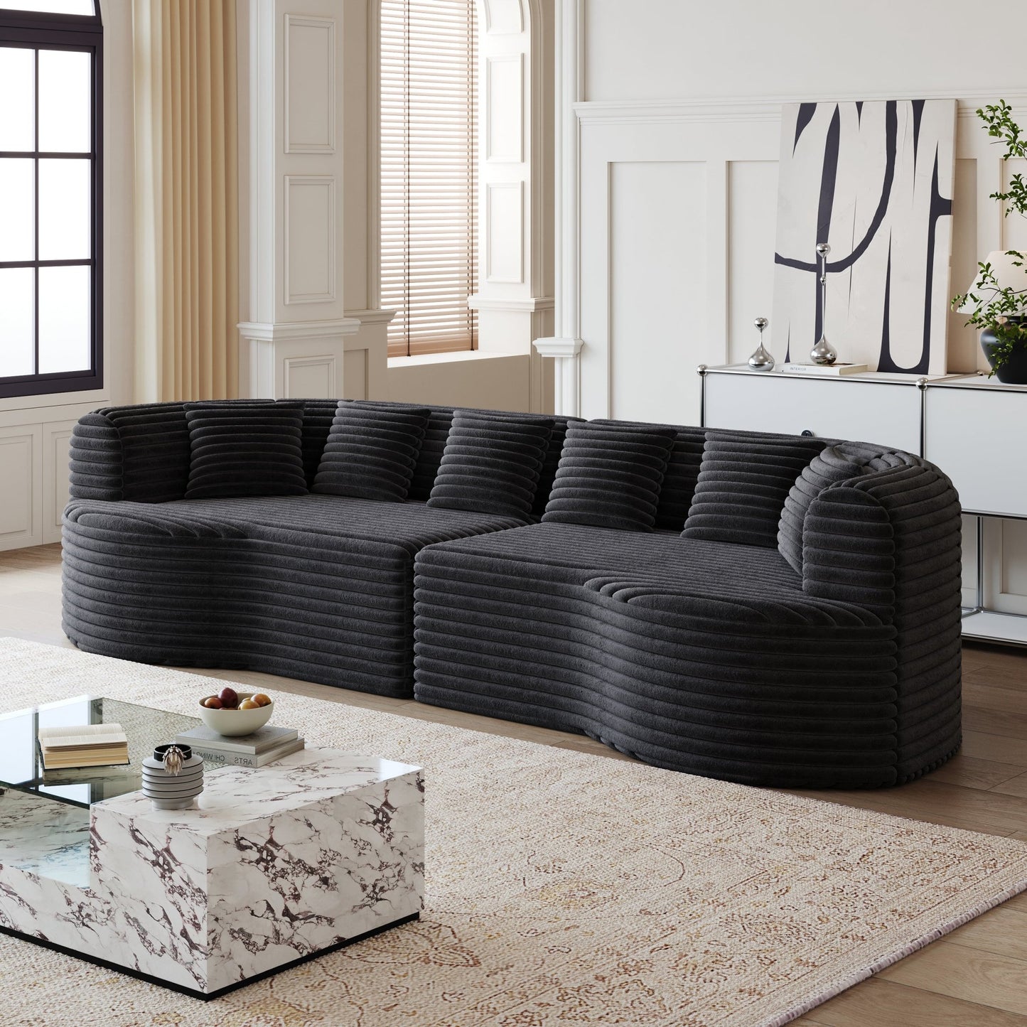 Curved Sectional Sofa, 106.3 - inch Oversized Modern Bone - Free Cloud Sofa with 6 Pillows Luxury Corduroy Four - Seater Memory Foam Sofa with Deep Seat Design,black - 1st Choice Furniture Direct