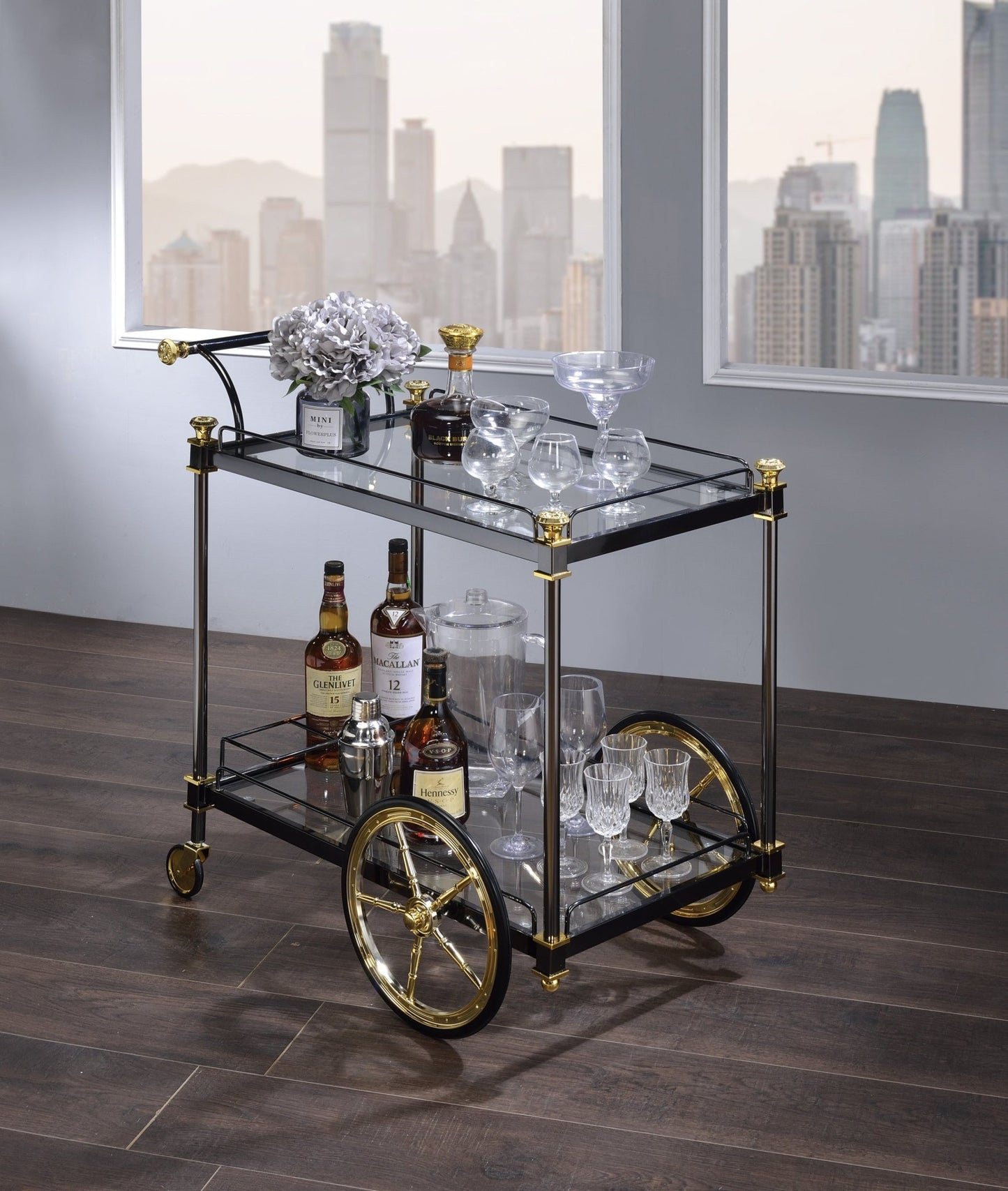Cyrus Clear Glass & Black/Gold Finish Serving Cart - 1st Choice Furniture Direct