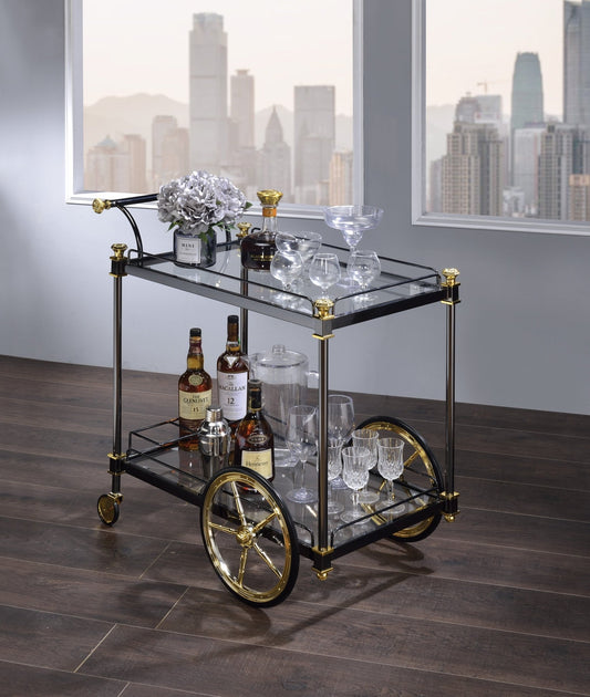 Cyrus Clear Glass & Black/Gold Finish Serving Cart - 1st Choice Furniture Direct