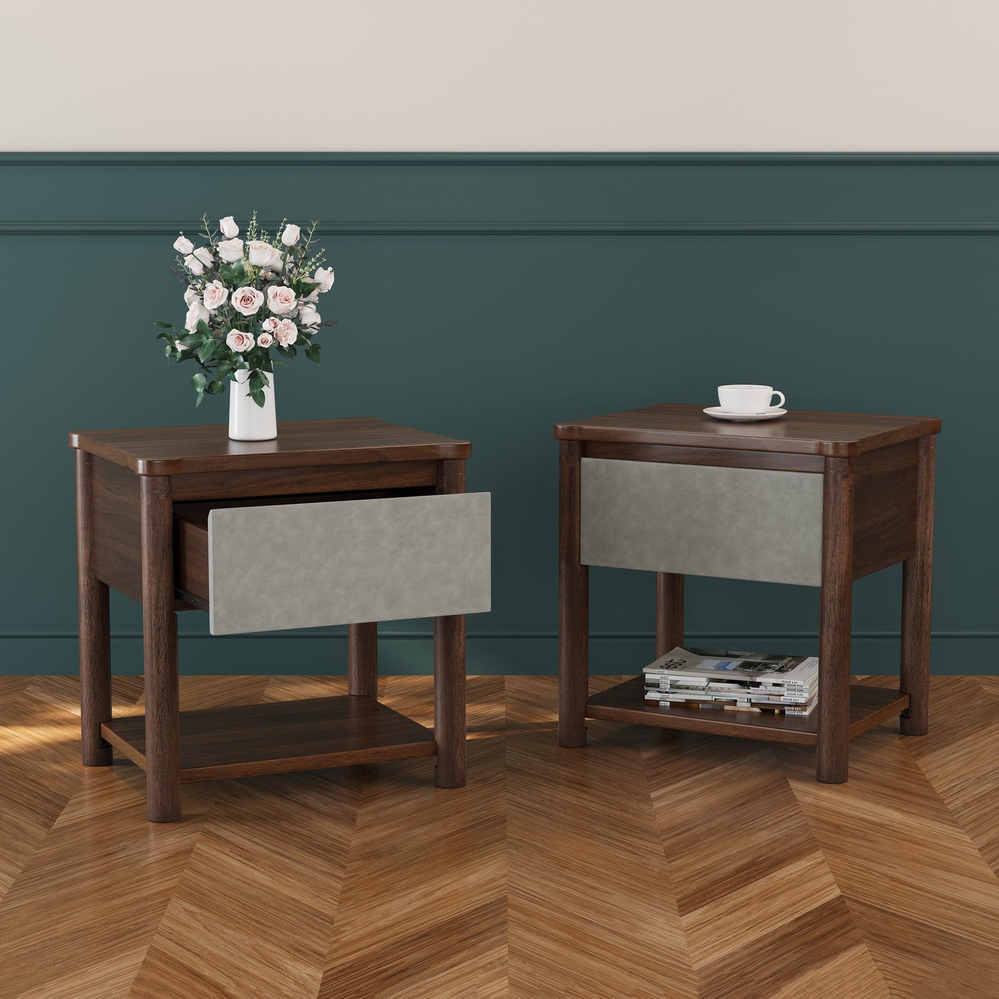 Light Gray Walnut Nightstand Set of 2 with Drawer and Shelf