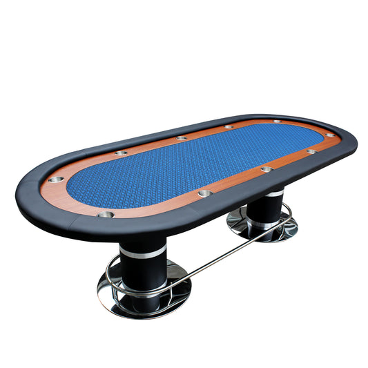 96' 10 Poker Table for 10 Players Casino Games with Speed Cloth Felt Pedestal Base Cup Holders Blue