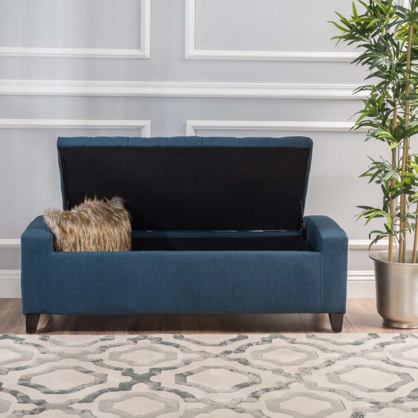 1st Choice Modern Durable Fabric Navy Blue Storage Tufted Top Ottoman