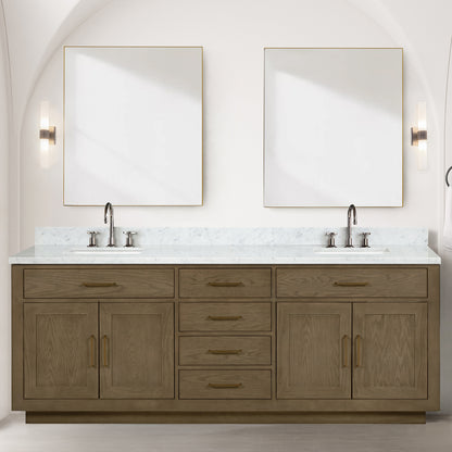 Grey Oak Double Bath Vanity 84 in. W x 22 in. D, Carrara Marble Top, and Faucet Set