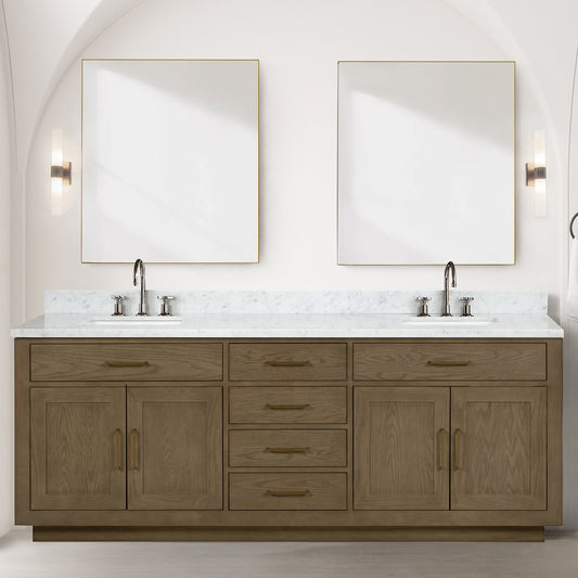 Grey Oak Double Bath Vanity 84 in. W x 22 in. D, Carrara Marble Top, and Faucet Set