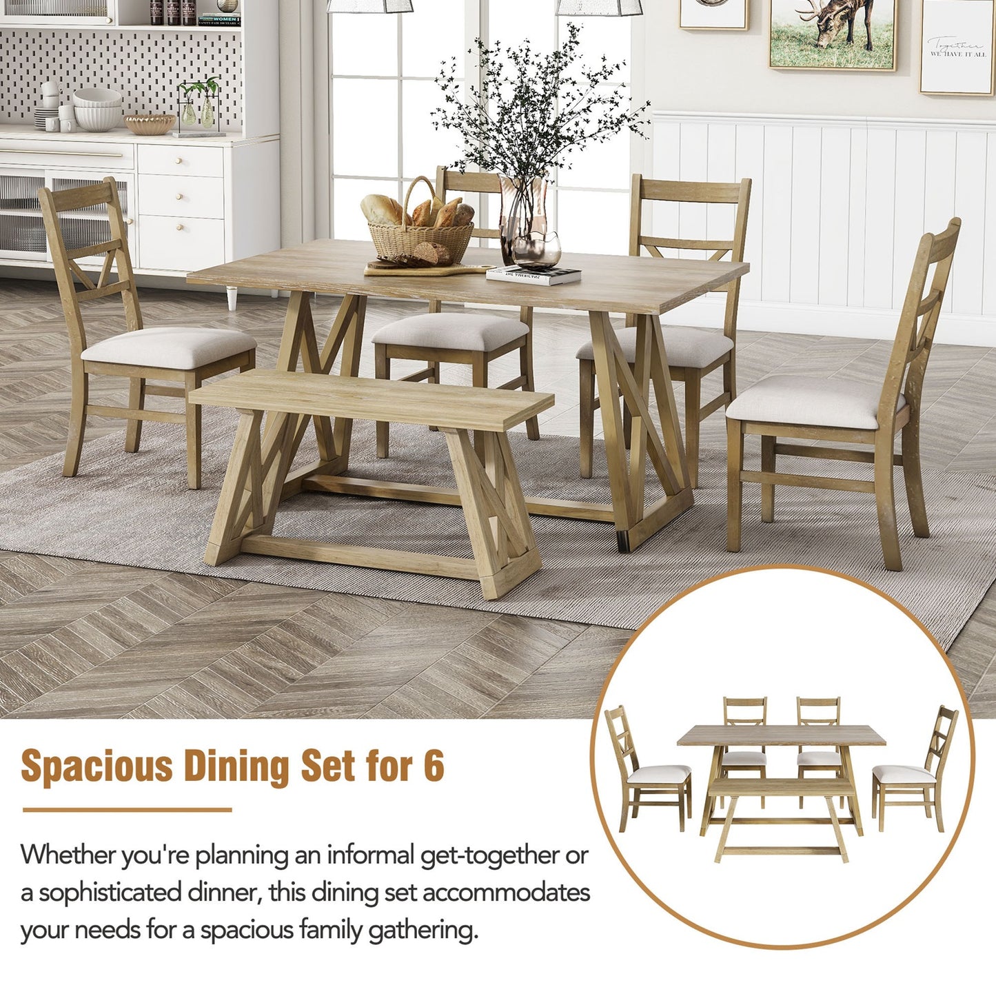 1st Choice Farmhouse dining table set with 4 Upholstered Dining Chairs