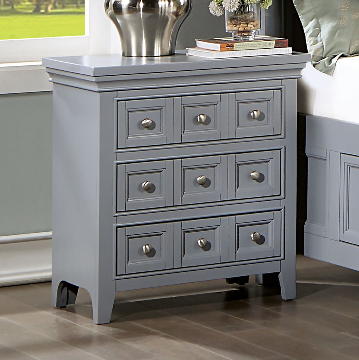 Gray Solid Wood Nightstand with 3 Drawers and Felt-Lined Drawer