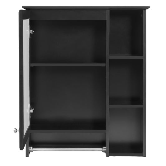 Modern 3-in-1 Bathroom Mirror Cabinet with Adjustable Shelf & Towel Bar, High-Definition Mirror in Black Finish, MDF and Rubber Wood Construction, 24-Inch Wall-Mounted Storage