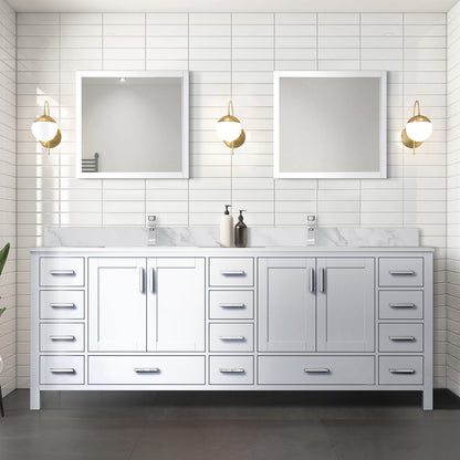 White Double Bath Vanity 84 in. W x 22 in. D, Carrara Marble Top, and Faucet Set