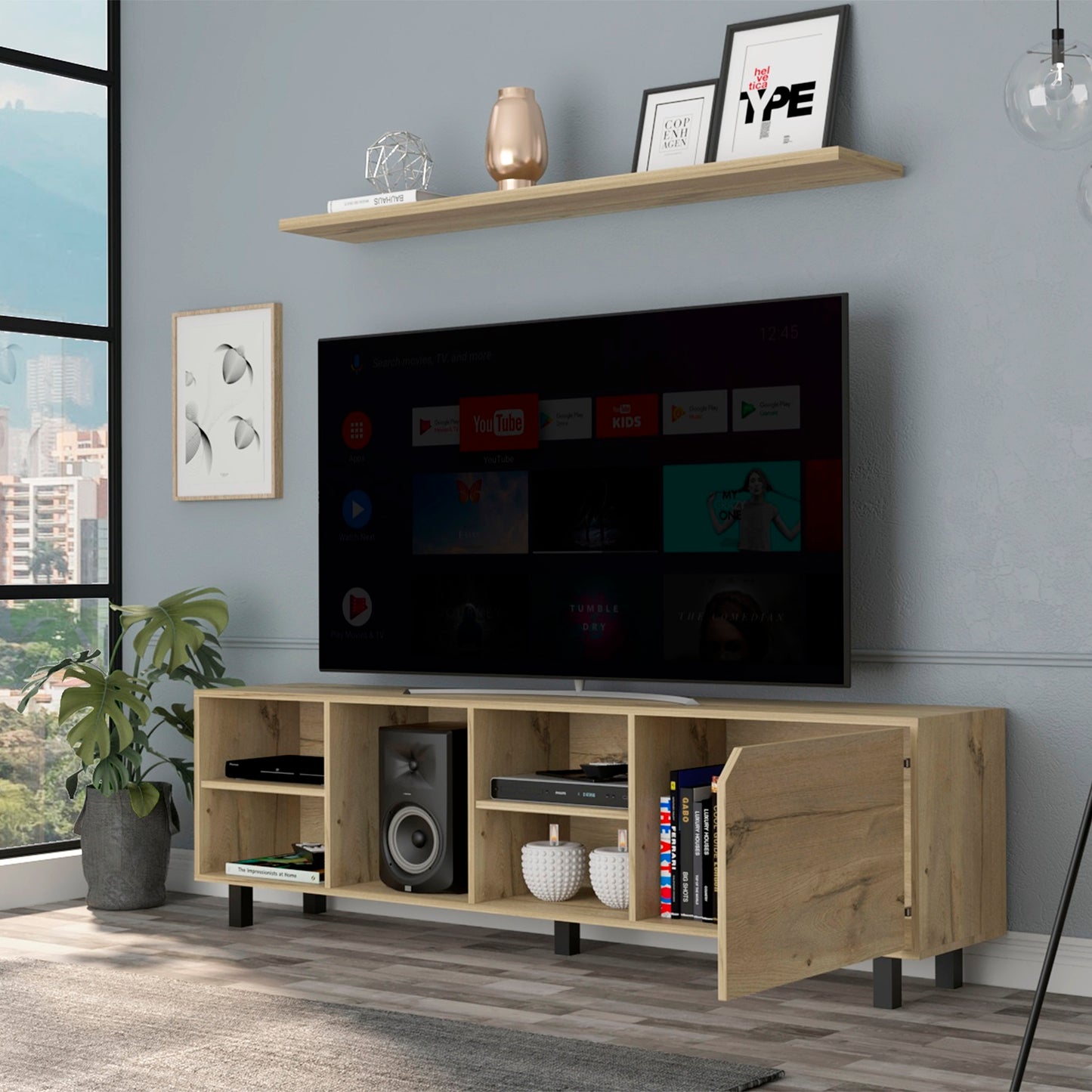 1st Choice Tv Stand up 70" with Four Open Shelves & Five Legs in Light Oak