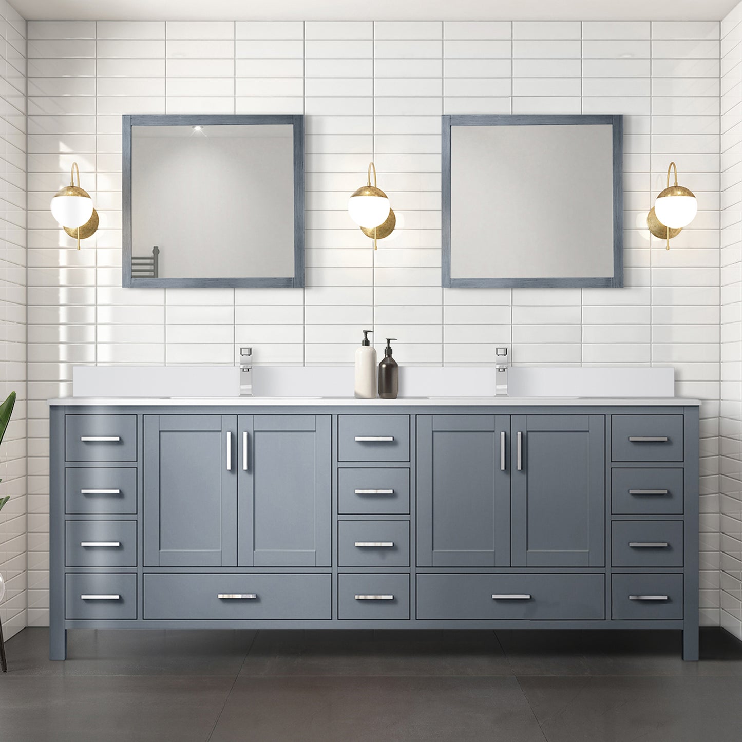 Dark Grey Double Bath Vanity 84 in. W x 22 in. D, White Quartz Top, and Faucet Set