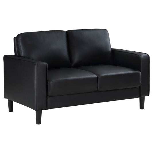 Farallone Black Upholstered Track Arm Loveseat with Smooth Faux Leather, Tapered Feet, and Modern Design