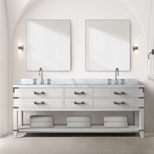 White Oak Double Bath Vanity 84 in. W x 22 in. D, Carrara Marble Top, and 36 in. Mirrors