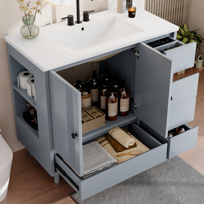 36' Bathroom Vanity with Sink, Free Standing Single Vanity Set with 4 Drawers and Side Storage Rack, Wood Cabinet with Ceramic Basin for Bathroom, Gray