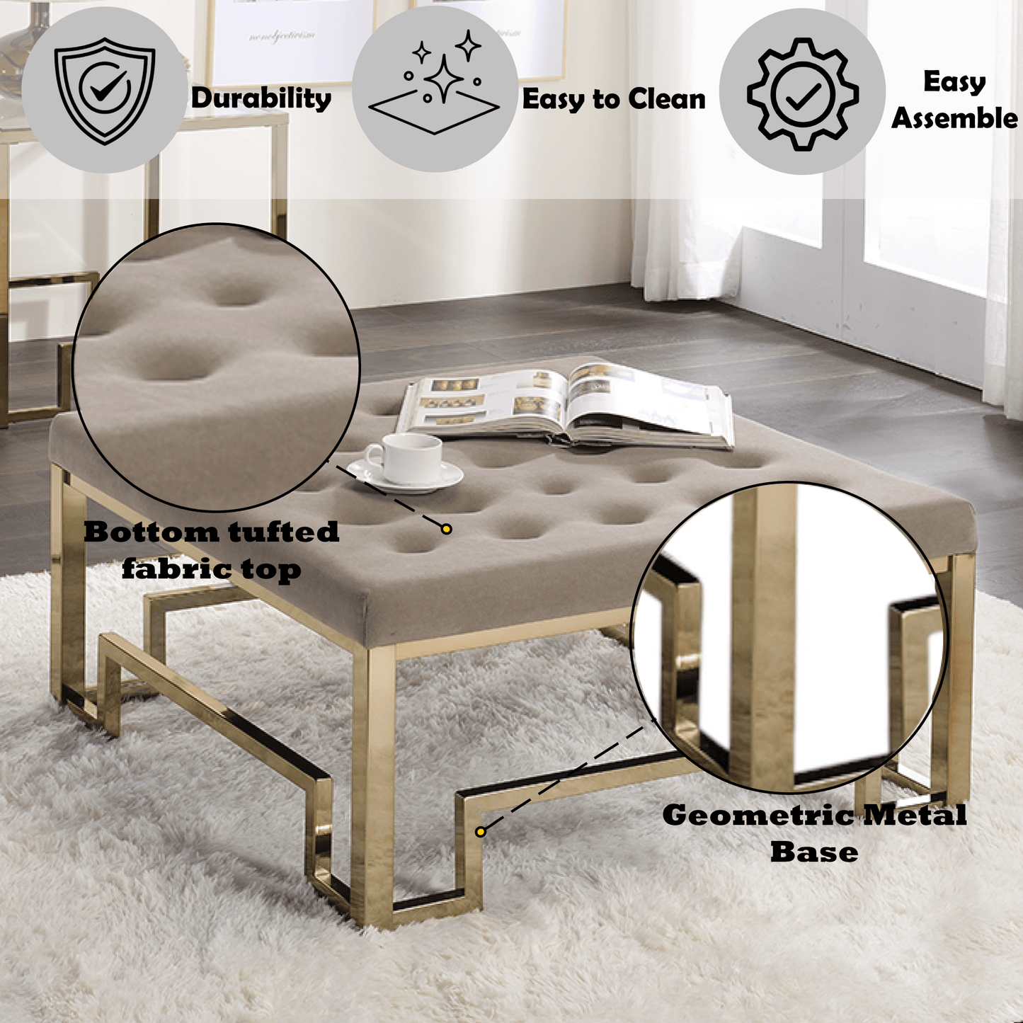 Damien Beige Fabric & Champagne Finish Cocktail Ottoman - 1st Choice Furniture Direct