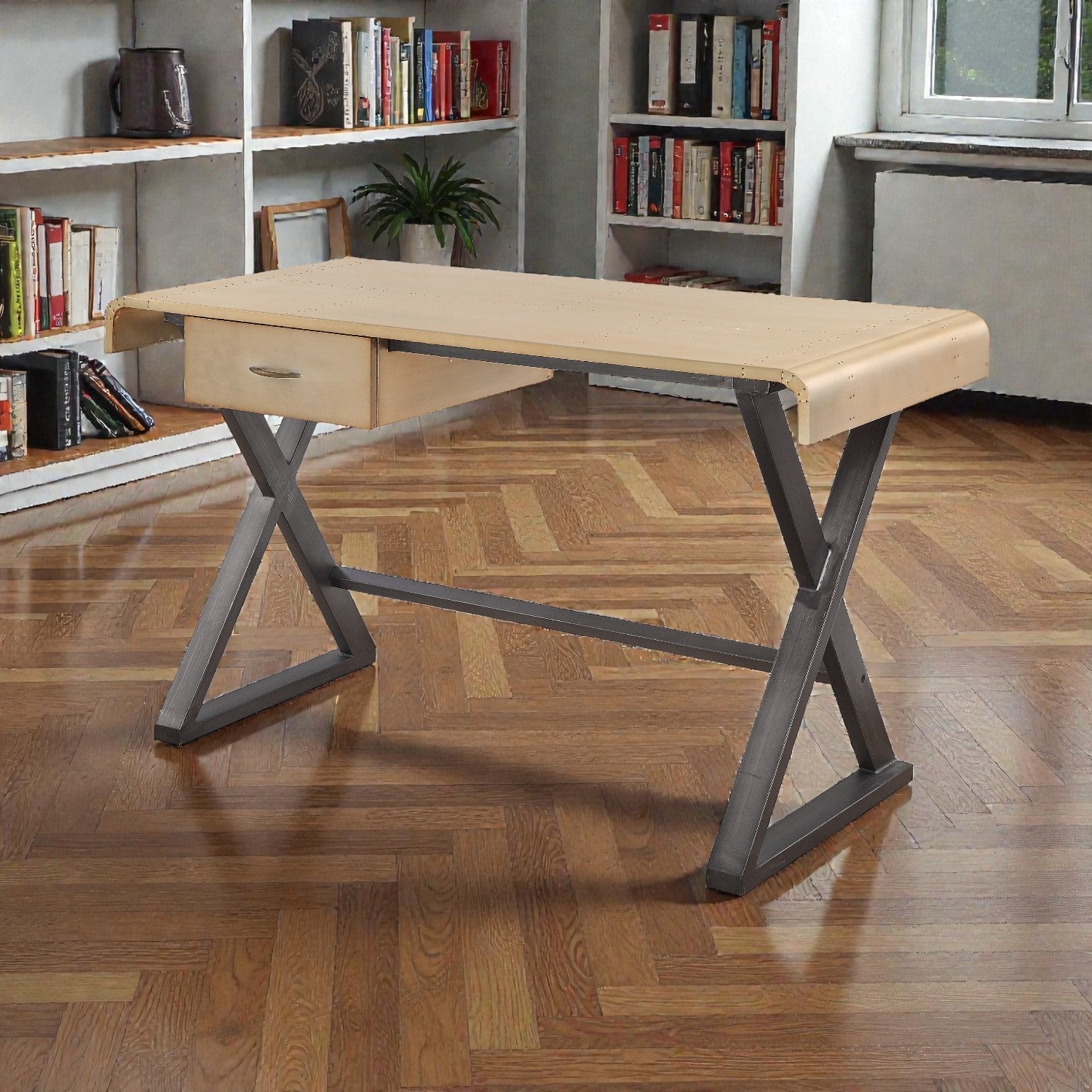 Danton Gold Aluminum Rectangular Writing Desk with Storage Drawer, Metal X-Shape Base, Full-Extension Glide Drawer, Soft-Close Mechanism - 1st Choice Furniture Direct