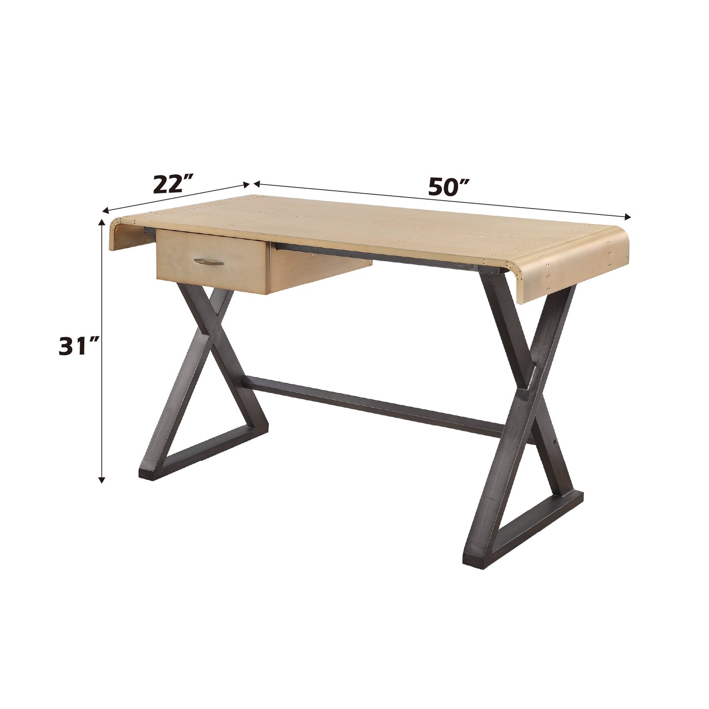 Danton Gold Aluminum Rectangular Writing Desk with Storage Drawer, Metal X-Shape Base, Full-Extension Glide Drawer, Soft-Close Mechanism - 1st Choice Furniture Direct