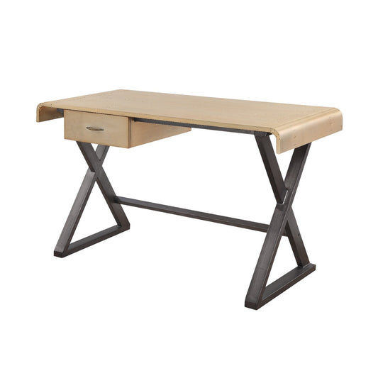 Danton Gold Aluminum Rectangular Writing Desk with Storage Drawer, Metal X-Shape Base, Full-Extension Glide Drawer, Soft-Close Mechanism - 1st Choice Furniture Direct